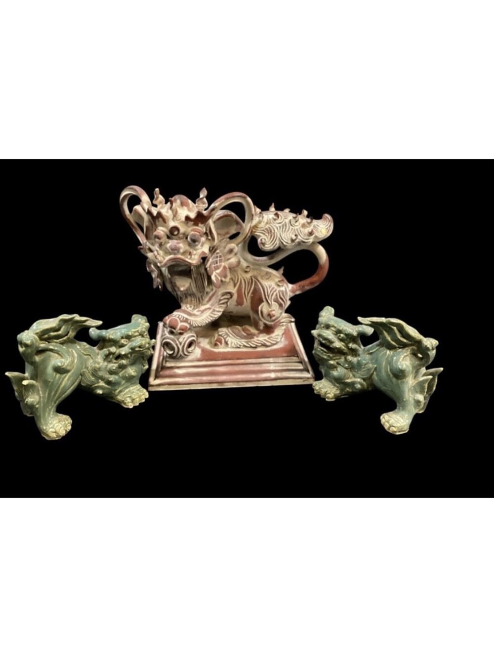 3 Vtg Chinoiserie Green Ceramic Chinese Foo Dog Statues